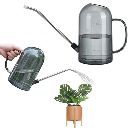 JetWave じょうろ 水差し 園芸 プラスチック製 透明ボディ 目盛り付き 1L容量 金属製23cm長い噴口 観葉植物やガーデニングに最適 園芸用品 (2L-グレー)