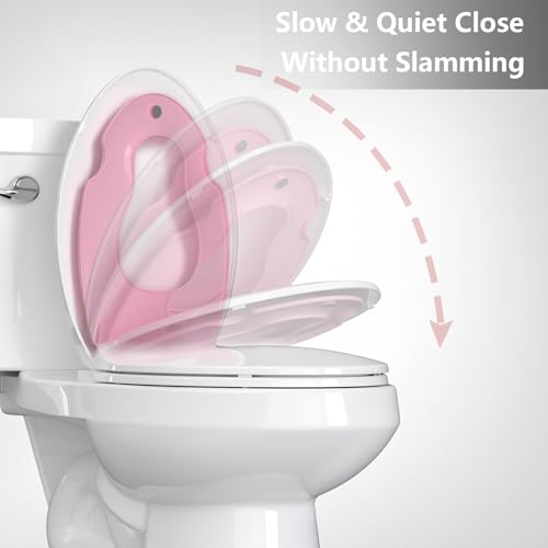 Toilet Seat Elongated,Toilet Seat with Toddler Seat Built in, Potty Training Toilet Seat Elongated Fits Both Adult and Child, with Soft Close, Easy Install and Clean - Elongated White and Pink