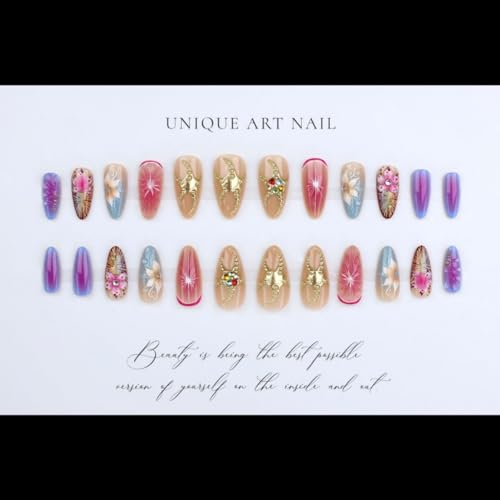 Image of Pastel Flower Press on Nails with 3D Floral Design Medium Almond Fake Nails Colorful Decor Stick on Nail Glossy Full Cover for Women Manicure 24Pcs