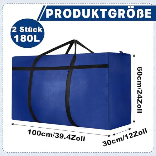 Dntorx 2 Stück 180L Große Aufbewahrungstasche, Oxford Heavy-Duty Umzugstaschen mit Reißverschluss Handgriff Umzugskartons Groß Reisetasche Tragetasche für Bettdecken Kleidung Bettwäsche (Blau)