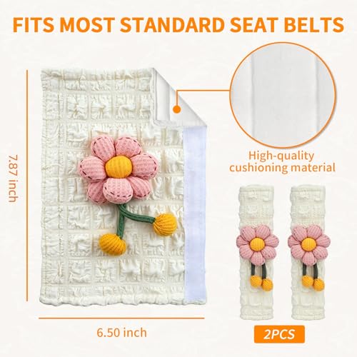 Image of Cute Pink Flower Seat Belt Cover Pads for Women Girls - Soft Plush Seatbelt Cushion, Fun Car Accessories