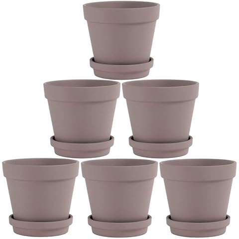 Fcacti 5.5 Inch Grey Clay Pot for Plant with Saucer - 6 Pack Large Terra Cotta Plant Pot with Drainage Hole, Flower Pot with Tray, Terracotta Pot for Indoor Outdoor Plant Cover