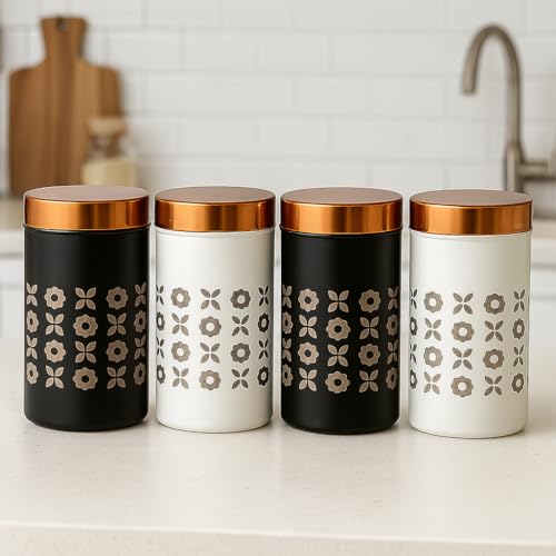 Image of STEEPLE Stainless Steel Container Set of 4 | 750 ml Multipurpose Kitchen Storage Jars | Airtight Steel Lid | Food-Grade Rust-Free Steel Canisters | Premium Floral Design for Modular Kitchens