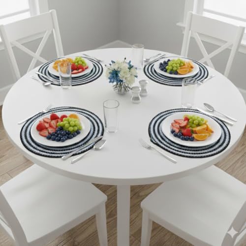 Image of Cotton Rope Placemats, Round Red with White Border, Set of 4, Heat Resistant Table Mats (Black White)