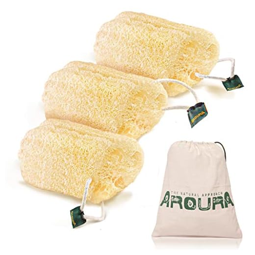 Aroura Egyptian Natural Loofah Pads- Natural Lofa Sponges with Flexible Fibers and Cotton Handle That Cleans and Makes Your Skin Glow - Pack of 3 Natural Loofah Sponge for Your Family