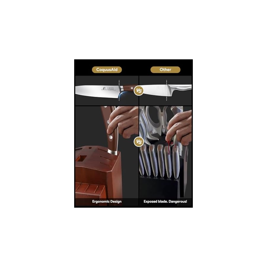 CoquusAid Knife Set, New 15° Beveled Easy Insert, 15 Pcs Kitchen Knife Block Set with Block and Sharpener, German Vacuum Oil Cooled Crafted, Countertop-Free Steak Knife Set, Stainless Steel Brown