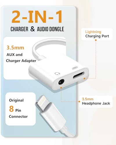 Image of Lightning to 3.5mm Headphone Jack Adapter, Apple MFi Certified 2-in-1 Charger & Audio Dongle for iPhone 14 /13 /12 /11 /XS /XR, Charge & Listen,DAC Chip,Hi-Fi Sound,for Car Aux, Home, Travel (3, White)