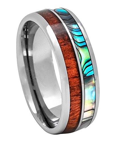 Aloha Jewelry Company Tungsten Carbide Hawaiian Koa Wood with Abalone Shell Inlay 8mm Comfort Fit Ring/Wedding Band (10)
