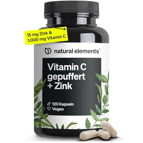 natural elements Vitamin C - 120 Kapseln - Hochdosiert mit 1000mg + 15mg Zink - Pflanzlich fermentiert & gepuffert (pH-neutral säurefrei magenschonend) - vegan laborgeprüfte Qualität