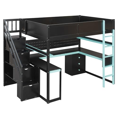 Image of Harper & Bright Designs Full Size Loft Bed with Desk and Storage Stairs, Shelves & Pegboard, Wooden Gaming Loft Bed Frame for Teens Adults Kids, Black+Blue