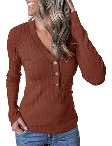 MEROKEETY Women's 2025 Long Sleeve V Neck Ribbed Button Knit Sweater Solid Color Tops3