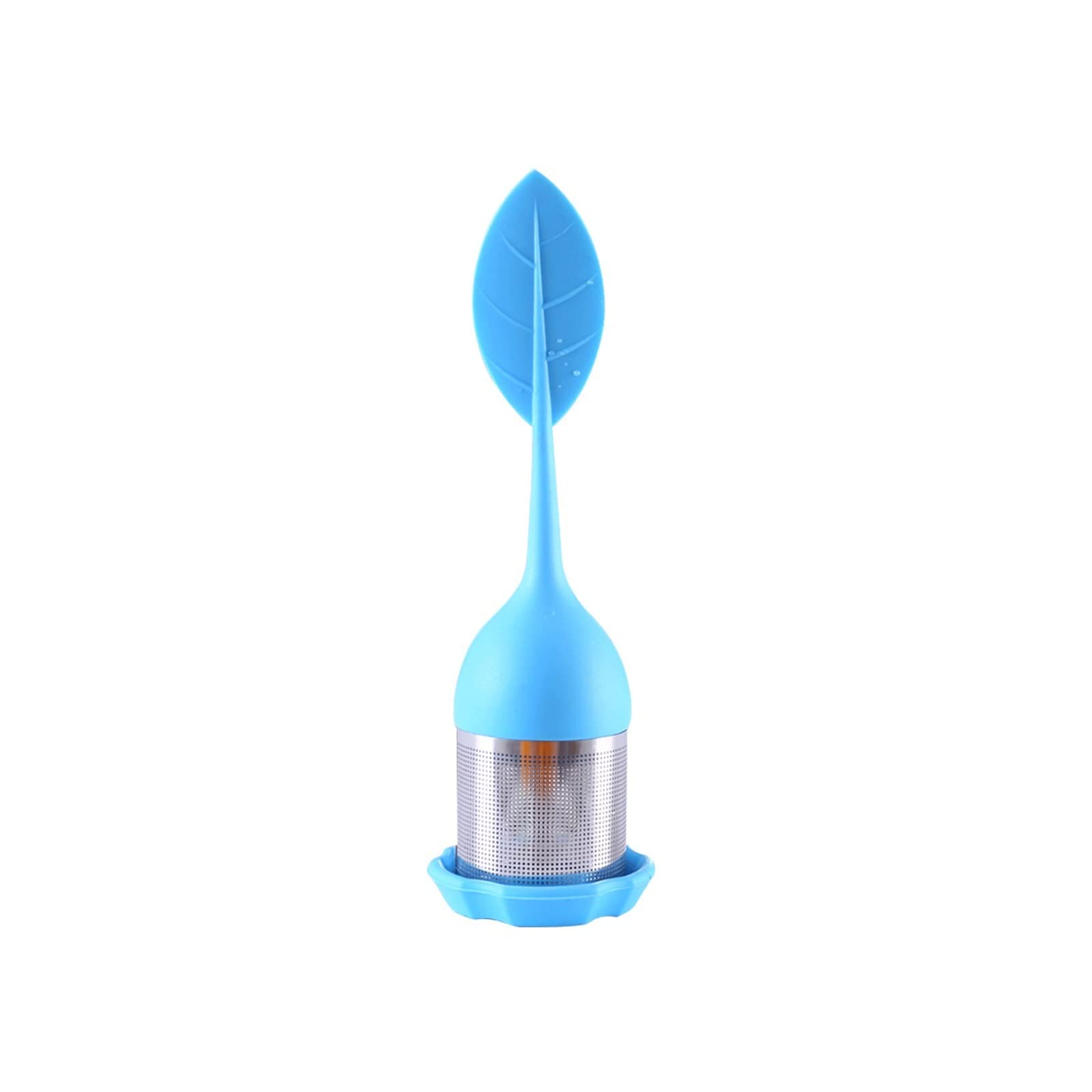 Colador de té infusor de té, filtro de té de malla fina de acero inoxidable con mango de hojas de silicona sin BPA y bandeja de goteo para todo el té de hojas sueltas (azul)