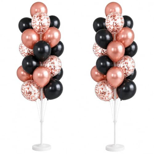 Image of Hiins Balloon Column Kit Set of 2 With Balloons Included - with Base,Pole,Balloon Tower Backdrop Decoration for Wedding, Baby Shower,Birthday Party,Bachelorette Parties (3xRose Night Black)