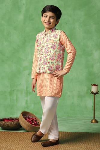 Image of Fashion Dream Boy's Cotton Blend Printed Kurta Pyjama And Jacket Set|Kurta And Payjama Set