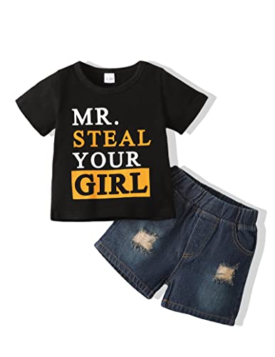 Image of NZRVAWS Baby Boy Clothes Toddler Boy Outfit 2 3 4T 6 12 18 24 Months Spring Summer Letter Printed T Shirt Shorts Ripped Jean