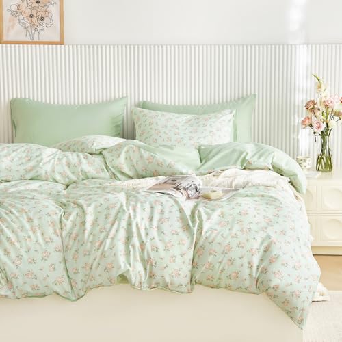 Image of Wake In Cloud - Floral Comforter Set, Coquette Cottagecore Aesthetic Flower Shabby Chic Pattern for Women Teen Girls, Soft Lightweight Bedding, 3 Pieces, Green Pink, Twin /Twin XL Size