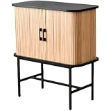 interoknack Modern Tambour Door Sideboard Cabinet Solid Wood Storage Cabinet, Natural Wood with Black Top, Slatted Double-Doors