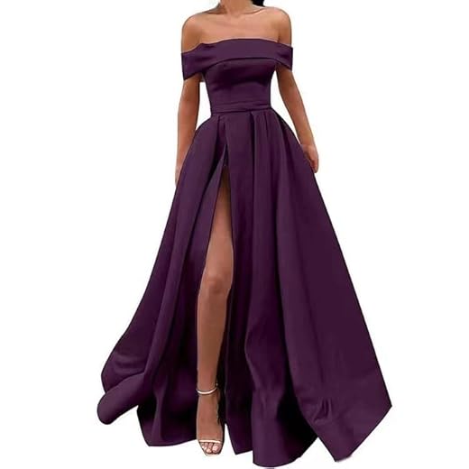Q-Tawwer A Line Vestido longo de cetim com ombro de fora para formatura feminino com fenda alta sem mangas, Roxa, 38