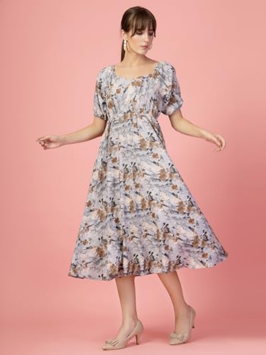 Image of OOMPH! Below Knee Shift Pink Dress in Crepe Fabric with Round Neck and Puff Sleeves - md619l