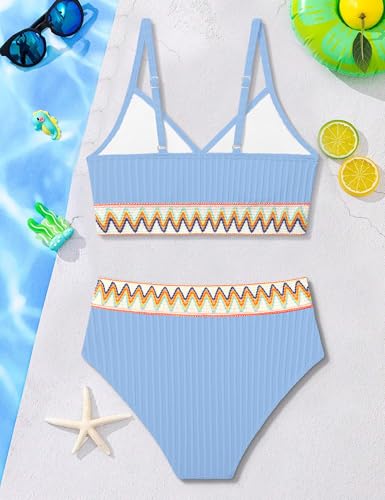 Image of DONWEN Girls Swimsuits V Neck Bikini Set Textured High Waist Girl Two Piece Bathing Suit