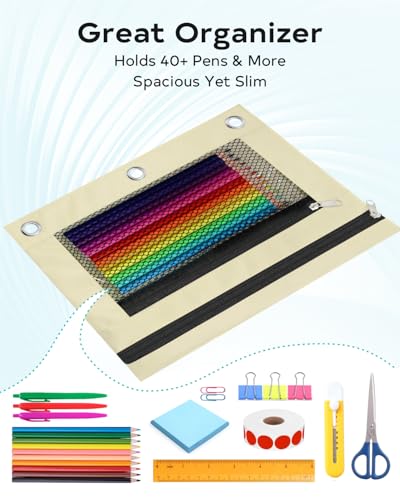 Image of Pencil Pouch for 3 Ring Binder - 3 Hole Zipper Pen Case Bag Holder Bulk Accessories Clear Window Aesthetic Organizer Pockets