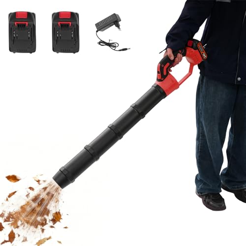 Soplador de hojas eléctrico, con 2 baterías de 1,5 Ah y cargador, 190 km/h, 900 m³/h de potencia de soplado, soplador de hojas inalámbrico, soplador de hojas para jardín, hojas, polvo y nieve (rojo y