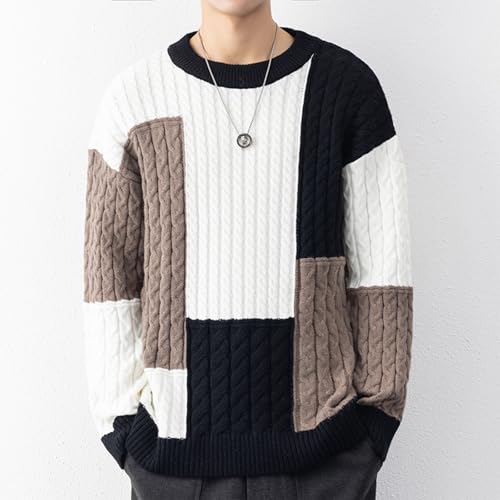 Unisex Mens Vintage Patchwork Cable Knit Sweater Casual Mockneck Colorblock Pullover Sweaters Fashion Jumper Sweater2