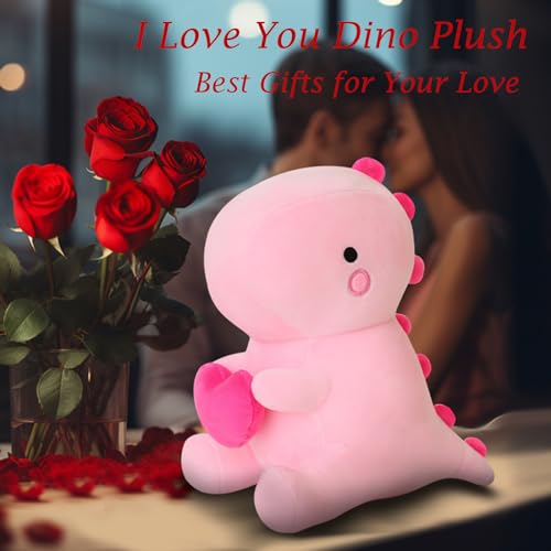 SQEQE Dinosaur Stuffed Animal, Loving Soft Dino Plush Toys with Holding Heart for Valentine Day, Sweet Romantic Anniversary Birthday Gift for Her Girls Boys Girlfriend Pink 30CM