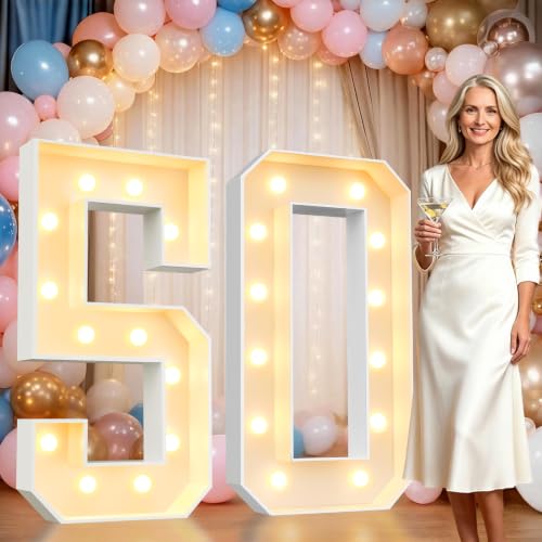 Image of Pooqla 4FT Marquee Numbers, Large Light Up Number 50th Birthday Party Decor | Warm White LED Marquee Light Up Numbers 4 Feet Tall, Party Decorations for 50th Birthday Anniversary Photo Backdrop