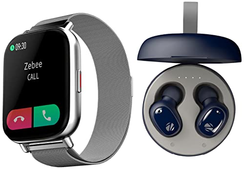 Image of ZEBRONICS ZEB-FIT7220CH Bluetooth Smart Watch,4.4cm (1.75 inch) Full Touch Curved Screen (Metallic Silver) & Zeb-Sound Bomb 1 TWS Earbuds with BT5.0, Up to 12H Playback (Blue)