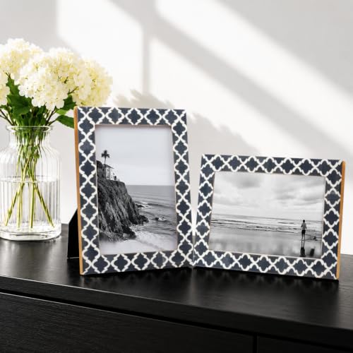 Image of Handicrafts Home Grey & White Vintage Photo Frames for Wall or Tabletop Display, 4x6 Picture Frame Set of 2,Boho Farmhouse Gallery Wall Frame Set, Artisan Handmade Home Decor, Handmade Moroccan Frame