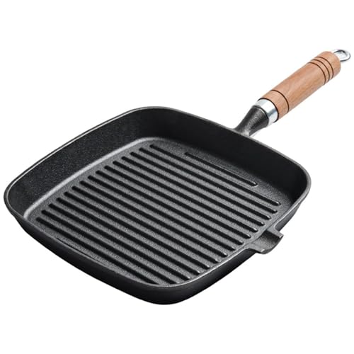 Griddle Pan Cast Iron Nonstick Steak Frying Pan cast Iron Griddle Grill Pan Non Stick frypan with Wooden Handle Black