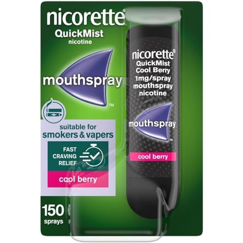 Nicorette QuickMist Mouthspray, Cool Berry Flavour (1x150 Sprays), Quit Smoking or Quit Vaping aid, Starts to Reduce Cravings in 30 Seconds (Quit Smoking or Quit Vaping aid)
