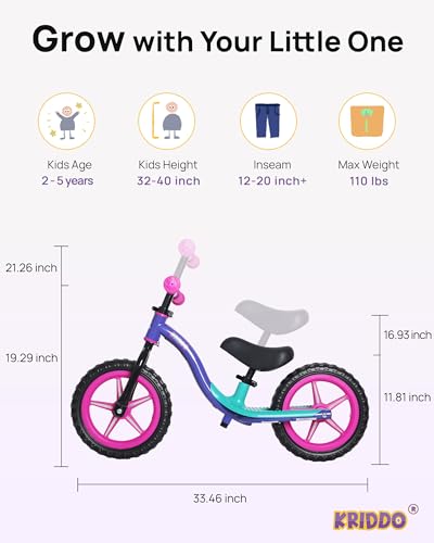 Image of KRIDDO Toddler Balance Bike 2 Year Old, Colorful Lighting Kids Balance Bike for 2-5 Years Old, 12 Inch Balance Bicycle with Riding Buddy, Tool-Free, Adjustable Seat, Handlebar, Gift for 2-3 Girls Boys
