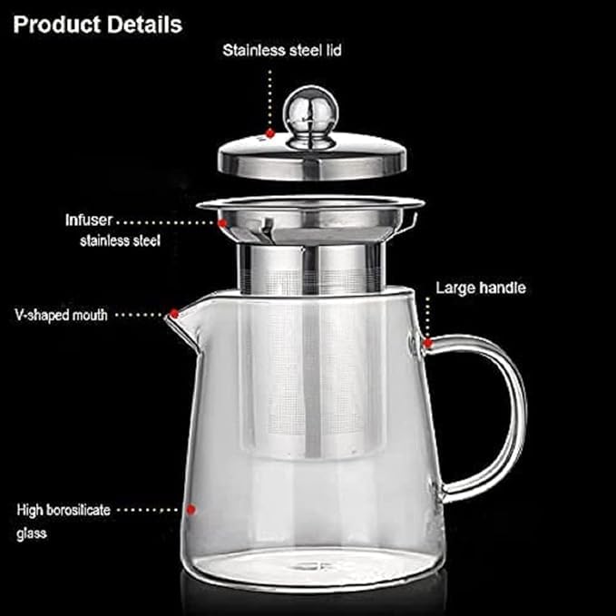 Image of Borosilicate Glass stovetop Kettle with Stainless Steel Infuser teapot to Infuse Tea Coffee Black Tea harbal kadha Tea Pot for Making Green Tea (900 ML Green Tea Kettle)