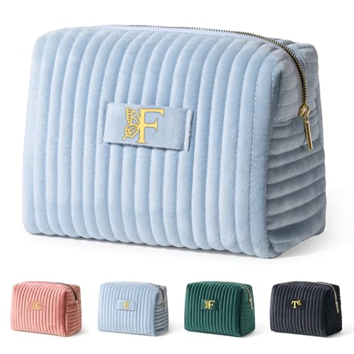 Image of COSHAYSOO Travel Makeup Bag Quilted Make Up Pouch Initial Velvet Cosmetic Case with Butterfly Decor for Women 13 14 15 16 17 18 19 Year Old Teen Girl Makeup Kit Bulk Gifts Trendy Stuff Blue Letter F