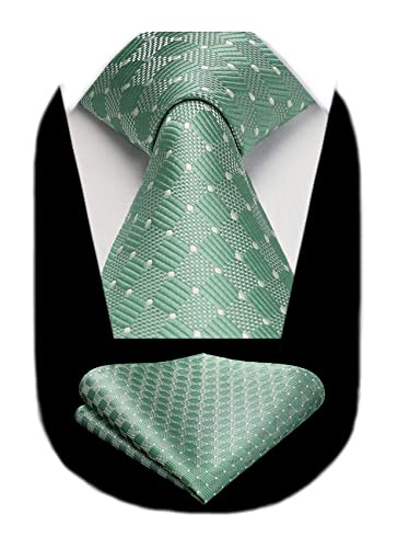 HISDERN Krawatten Hellgrün Herren Formelle Klassische Krawatte mit Einstecktuch Hochzeit Karierte Herrenkrawatte und Taschentuch Set für Männer