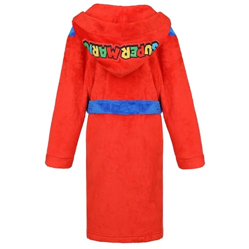 Super Mario Kinder Bademantel Morgenmantel, flauschig, Coral Fleece mit Kapuze, Logo, Junge, Mädchen (DE/NL/SE/PL, Numerisch, 116, Regular, Blau-Rot)
