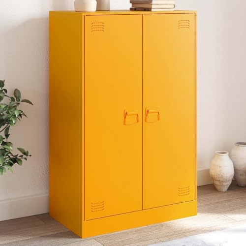 Aparador amarillo mostaza de 6 compartimentos y acero moderno 2
