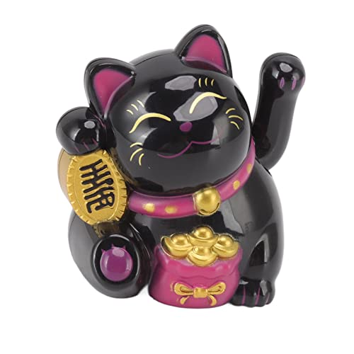 Solar Powered Waving Cat, Chinese Wealth Lucky Cat Waving Arm Solar Fortune Cat Statue, Beckoning Waving Arm Fortune Lucky Cat for Decorating Front Desk Car Business Openings (Sit Sideways Black)