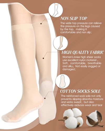 Shihanee 3 Pairs Women's Sheer Knee High Socks Silky Anti Slip Cotton Sole Socks Reinforced Toe Stockings for Women3