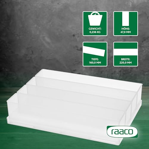 Raaco Einsatzkasten 55 4xA9-4, Tablett mit 4 Einsätzen, Transparenter Sortierkasten für Kleinteile, Sortierboxen, Schubladen & Kleinteileaufbewahrung, Leicht zu Reinigen, 16 x 22 x 4,7 cm