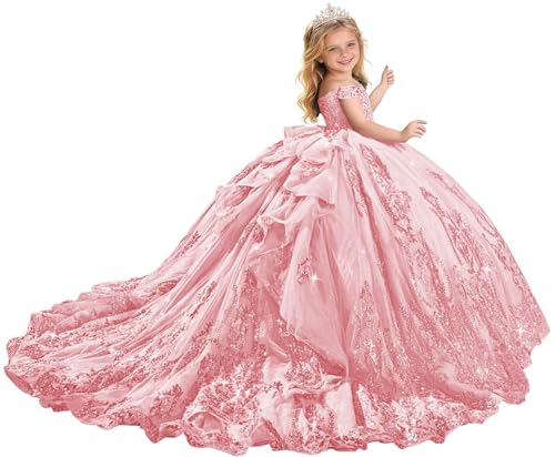 TIKBABA Sparkly Lace Applique Girl Ball Gowns Layered Light Pink Pageant Dress for Girls with Train Beaded Off Shoulder Mini Quinceanera Dresses for Little Girls Size 6