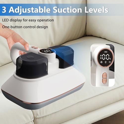 Akku Milbensauger für Matratzen, Handstaubsauger mit UV-C Licht & LED Anzeige, 15Kpa Saugleistung, 3 Stufen, Doppelter Staubbehälter für Bett, Sofa und Kissen