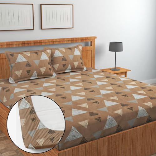 Image of Jashan Super Soft Glace Cotton Fabric 300 TC All Around Elastic Fitted Elegent Design Queen Size Double Bedsheet with 2 Pillow Covers Fits Upto Mattress of 10 Inche,Size-72 x 78 x 10 Inche-Brown
