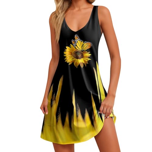 Women Summer Dresses Printed Casual Sundress Vacation Sleeveless Swimsuit Coverup 2025 V Neck Dress with Pocket - Main Image