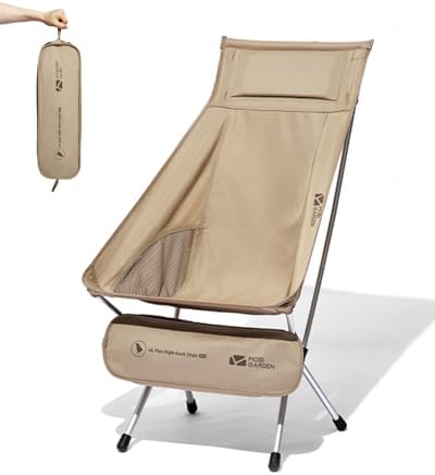 MOBI GARDEN High Back Camping Chair, Ultralight Hiking Chair with 7075 Aluminum Frame, Portable Lawn Chair with Breathable Mesh Sides & Attached Carry Bag for Hiking, Backpacking, and Festivals, Sand