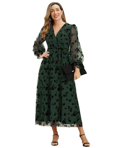 Women Floral Embroidered Maxi Dress Long Puff Sleeve Tulle Prom Dresses Belt V Neck Lantern Long Sleeve Homecoming Dresses
