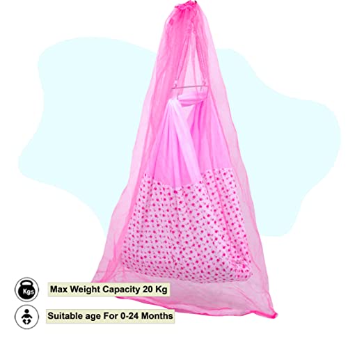 Image of Little Chime New Born Baby Swing Cradle (Jhula) | Cradle Set with Mosquito Net and Triangle Hanger | Weight Capacity Up to 20Kg | Age from 0-24 Months | Evania Ventilated Cradle(Pink) - Cotton