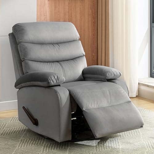 Image of GNMLP2020 Swivel Rocker Recliner Chair for Adults, Rocking Chair Nursery, Manual Small Swivel Recliner Chairs for Small Spaces, Living Room, Nursery, RV, Light Grey